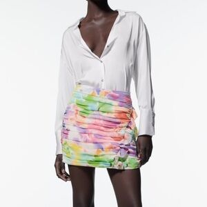 Zara Womens Ruched Printed Floral Colorful Watercolor Abstract Mini Skirt Size S